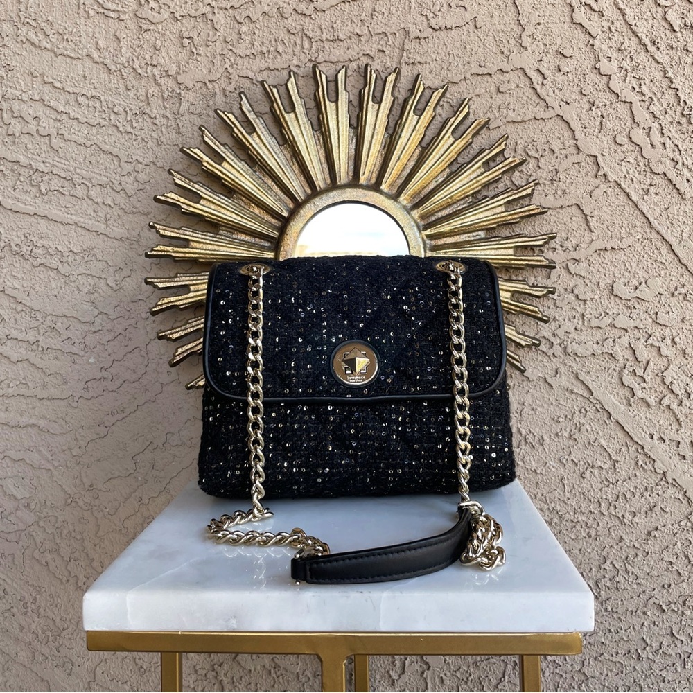 KATE SPADE Black & Gold Quilted Sequin Flap Chain Crossbody Shoulder Bag Purse - Picture 4 of 15